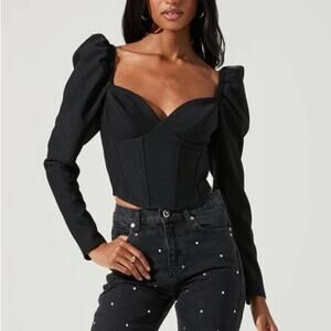 ASTR The Label Betty Puff Long Sleeve Corset Sweetheart Neck Top Black NWT Sz L